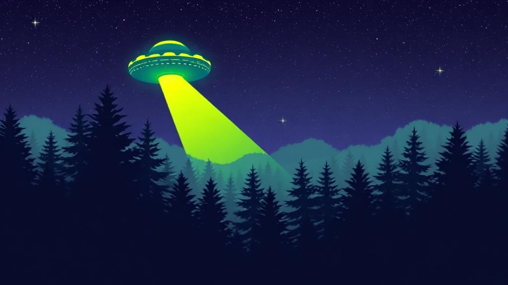 Pixel-art flying saucer beaming light over a night forest